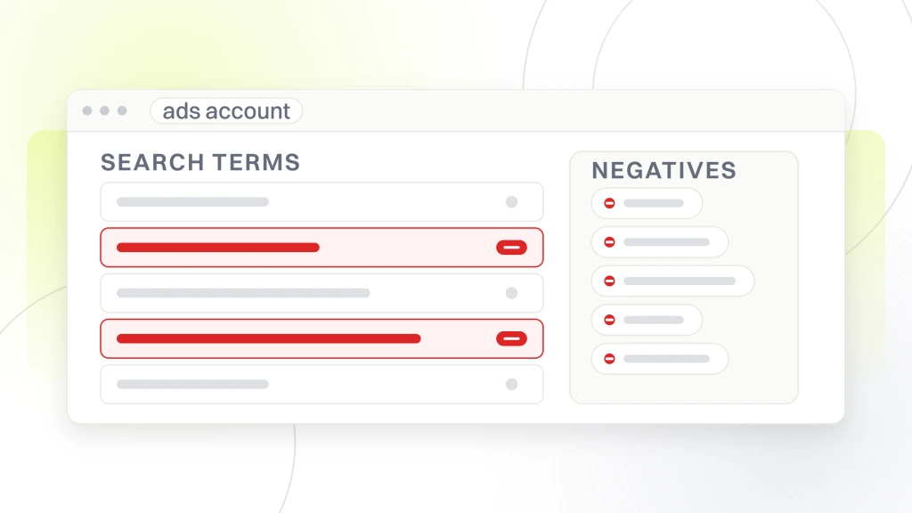 PPC B2B Lead Generation Agency. An ads account window showing a search terms report on one side and the negative keyword chips it feeds on the other, two terms marked for exclusion.