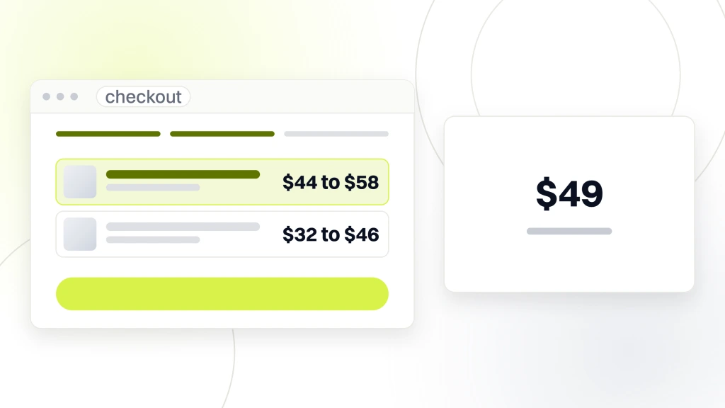 CBD Pet Product Market. A checkout window with two cart lines priced $44 to $58 and $32 to $46, the first highlighted, beside a panel reading $49 free shipping over.