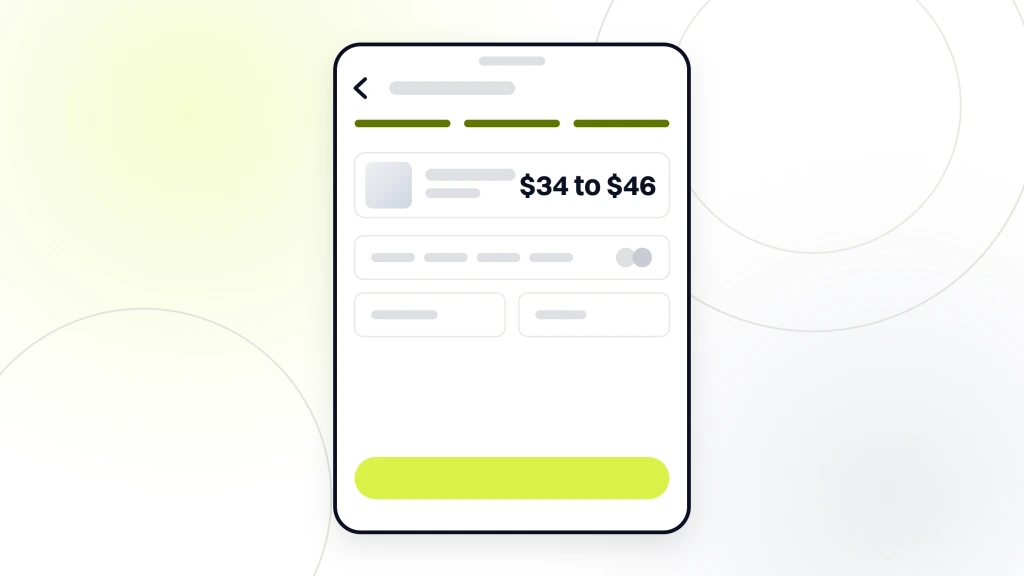 A handset stopped on the payment step of a subscribe and save checkout, a three step indicator across the top and one line reading $34 to $46, from a guide to CBD Pet Product Market.