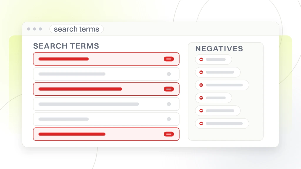 Chiropractor PPC. A six row search terms report beside the negative keyword chips it feeds, three of the terms marked for exclusion.