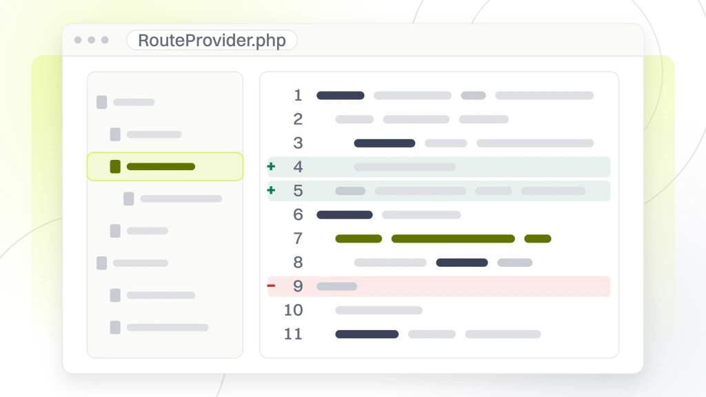 Custom PHP Web Development Services. A code editor with a file tree on the left and a pane of token runs on the right, one line highlighted and a diff gutter marking two additions and one deletion.