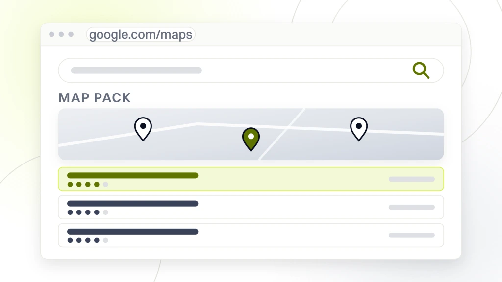 Dental NAP citations. A search page showing a map with pins over four business listings, the top listing highlighted, each row carrying rating dots and a distance.