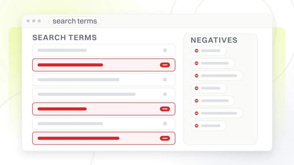 Ecommerce PPC Audit. A seven row search terms report beside the negative keyword chips it feeds, three of the terms marked for exclusion.