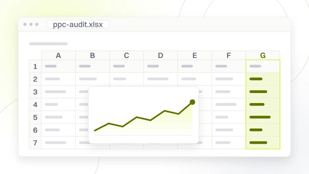 A spreadsheet export in a window, seven columns of cells with a header strip and a small chart object sitting over the grid, from a guide to ecommerce PPC Audit.