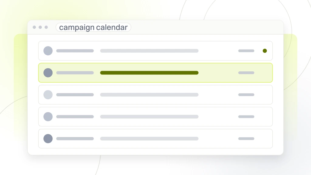 Ecommerce email marketing flows. A mail client window listing five broadcast sends with sender and subject lines, avatars and time stamps, one row still unread.