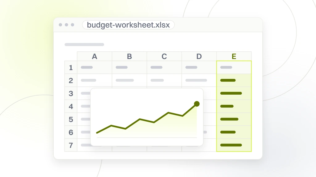 Google Ads Budget Planning. A spreadsheet export in a window, five columns of cells with a header strip and a small chart object sitting over the grid.