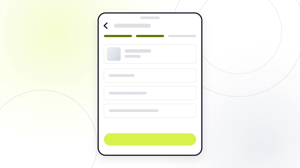 Mobile-Friendly Ecommerce Web Design. A handset on the details step of a checkout, one cart line above four form fields, a step indicator across the top and a lime continue button at the foot.