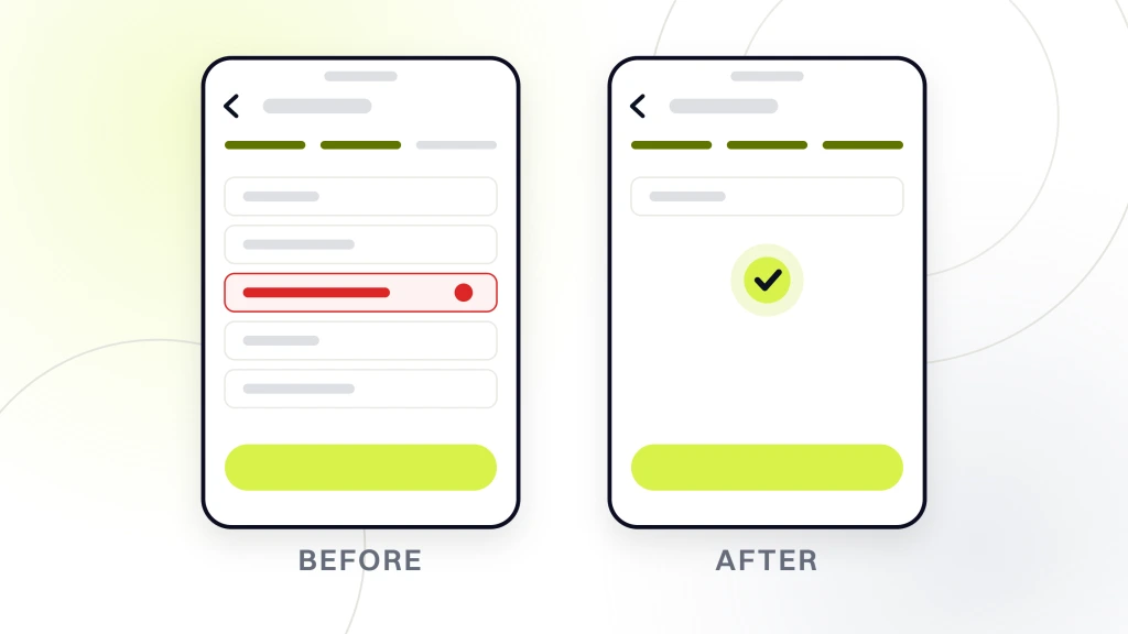 Two handsets side by side labeled before and after, the first carrying seven form fields and the second a single field with a confirmation tick beneath it, from a guide to Mobile-Friendly Ecommerce Web Design.