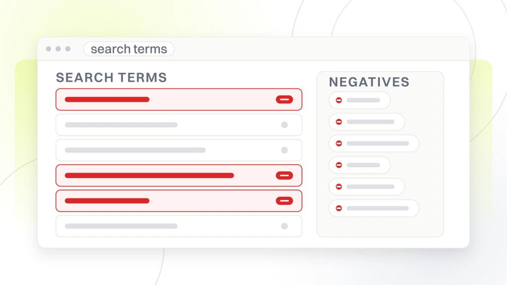 A search terms report of six rows beside the negative keyword chips it feeds, three of the terms marked for exclusion, from a guide to multi Location Dental PPC.