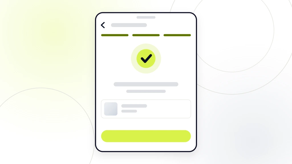 Pet Care Products Market. A handset showing a confirmation screen with a tick in a lime circle, two rules beneath it and one order line, with a step indicator across the top.