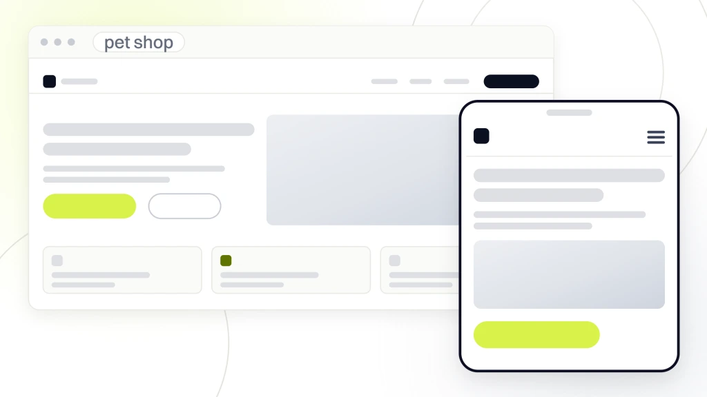 Pet Shop Web Design. An independent pet shop site drawn in browser chrome with a navigation bar, a hero carrying photography and a row of category cards, with a phone build in front of it.