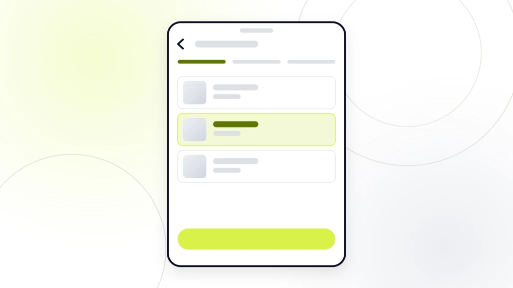 Pet Treat Products Market. A handset showing a cart screen with three unpriced lines, the middle one highlighted, a step indicator above them and a lime continue button at the foot.
