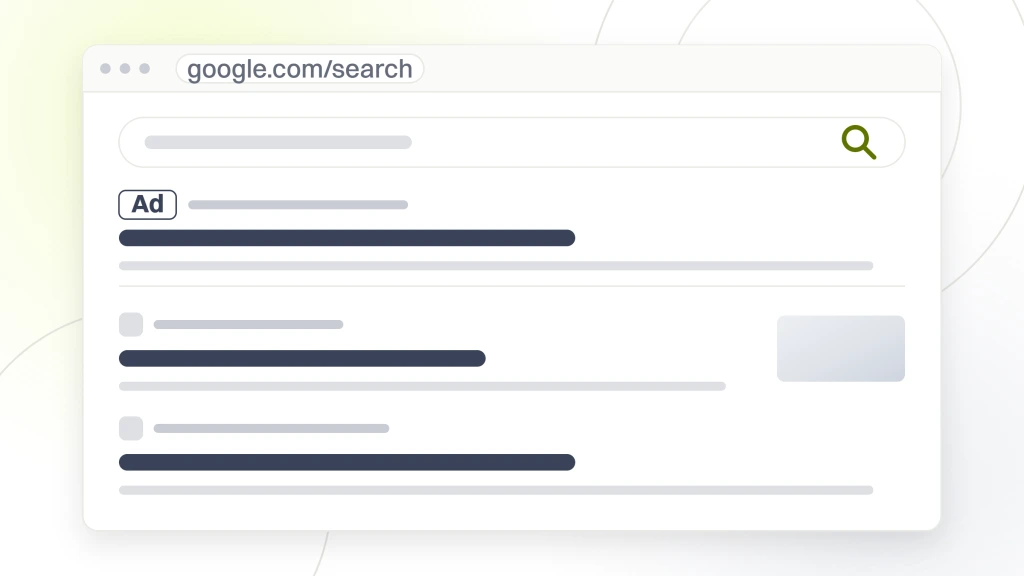 A search results page with the query box, the tab rail, two ad listings above a rule, three organic listings with the last highlighted, and a row of related search pills, from a guide to PPC for Pet Supply Shops.