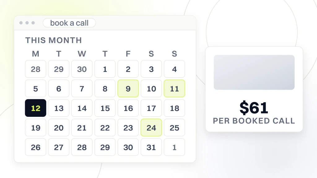 Real estate video formats. A booking screen showing a month grid with one date selected, beside a card reading $61 per booked call.