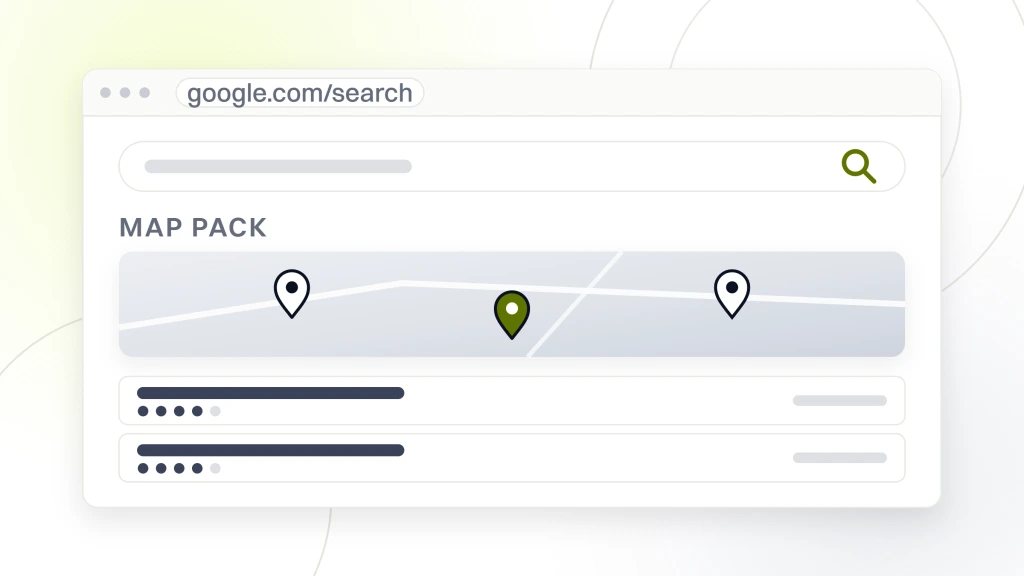 Restaurant SEO. A search results page showing the map pack, a map plate with three pins above three restaurant listings, the third listing highlighted with its rating dots and distance.