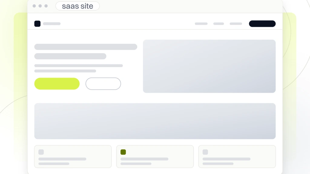 SaaS Website Design Agency. A finished SaaS site drawn in browser chrome, a navigation bar, a hero carrying photography, a band and a row of cards below it.