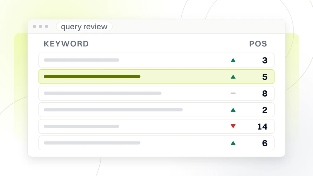 SEO Agency for Food and Beverage. A rank tracker window listing six keyword rows with movement arrows and positions, one row highlighted as the term being reviewed.