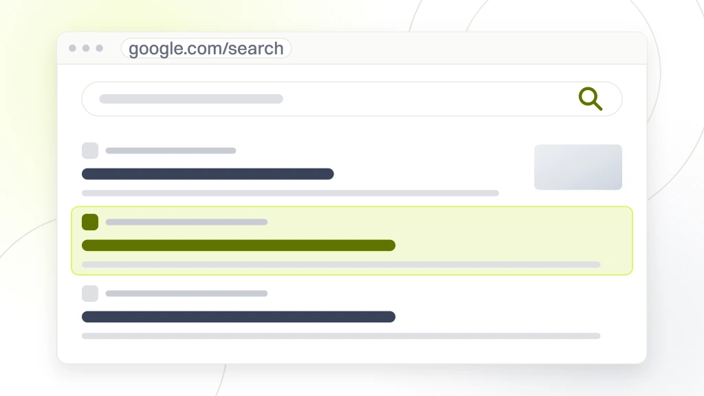 A search results page with the query box, the tab rail, three organic listings with the second highlighted, and a row of related search pills, from a guide to SEO Company for Pet Services.