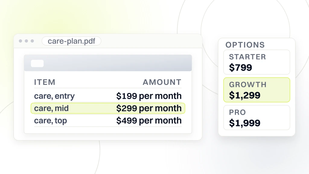 A care plan document listing monthly maintenance at $199, $299 highlighted and $499, beside a card of three flat price builds with the $4,500 growth build selected, from a guide to website Design Packages.