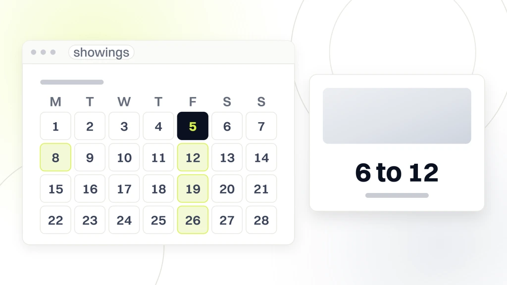 Real Estate Marketing Calendar. A month grid with several dates carrying the availability tint and one selected, beside a panel reading 6 to 12 booked showings a week.