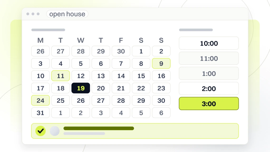 Real estate marketing schedule. A booking screen with a month grid, five open house times of which two are already gone and the last is taken, and the confirmed appointment it produced.