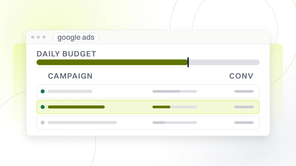 Run Ads for a Dental Practice. An ads account window listing three campaign rows with their status marks and a daily budget rail, the second campaign highlighted.