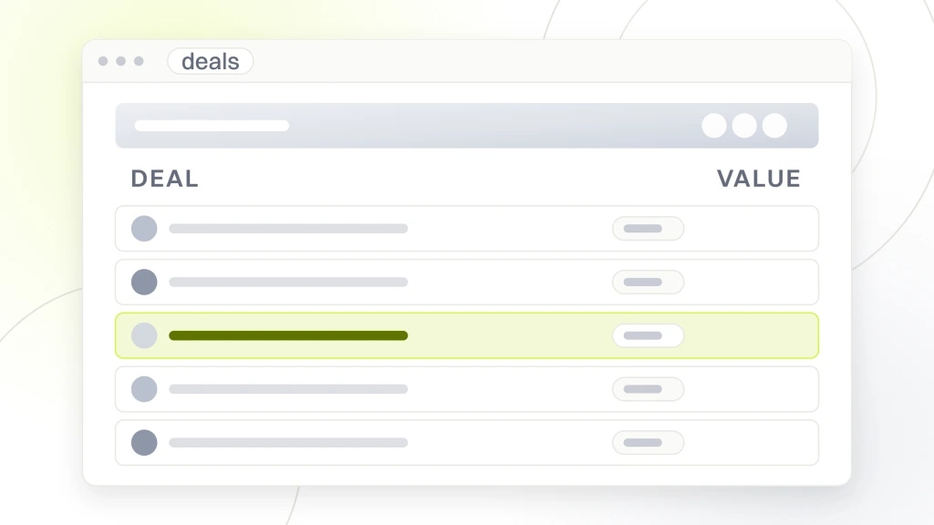 A deals window listing five rows with their stage tags, the third row highlighted, from a guide to sales Funnel Stages.
