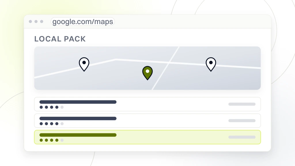 SEO for Beauty Professionals. A map with three pins over it above three business listings, the last one highlighted, each row carrying rating dots and a distance.