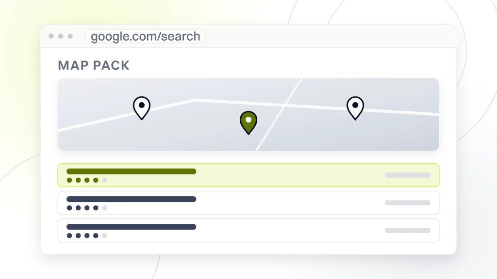 SEO for Pet Groomers. A browser window titled google.com/search, headed map pack, holding a map plate with three location pins and the three-result local pack listed under it, each row a business name with a rating row beside it, and the first row highlighted in lime to mark position one.