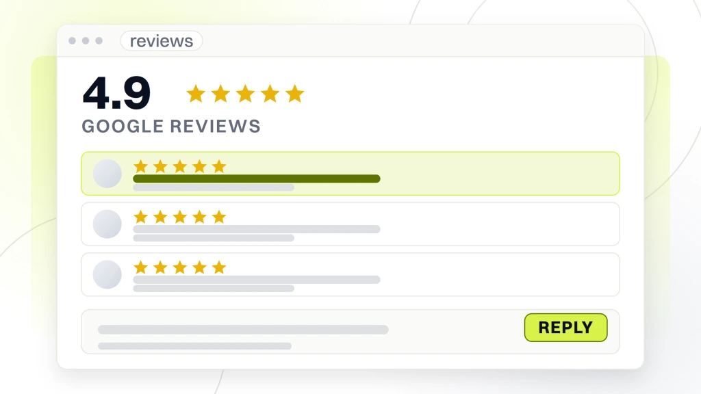 AI Marketing for Chiropractors. A reviews window showing a 4.9 average with its stars, three review rows beneath it and a reply composer open under the last one.