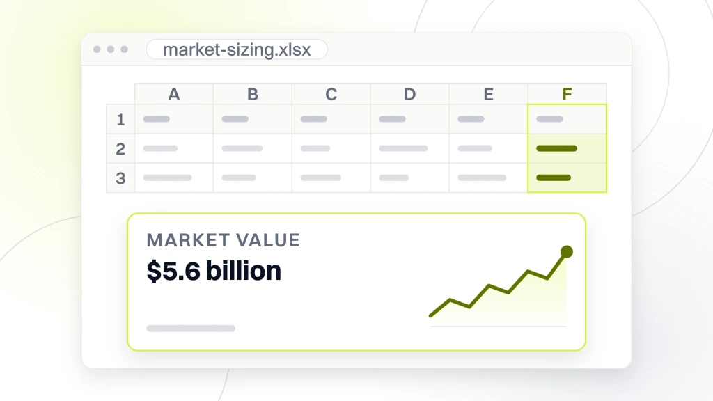 A spreadsheet window with one cell pulled out and magnified to read $5.6 billion, labeled functional dental chews, above the grid of sizing rows it came from, from a guide to pet Oral Care Products Market.