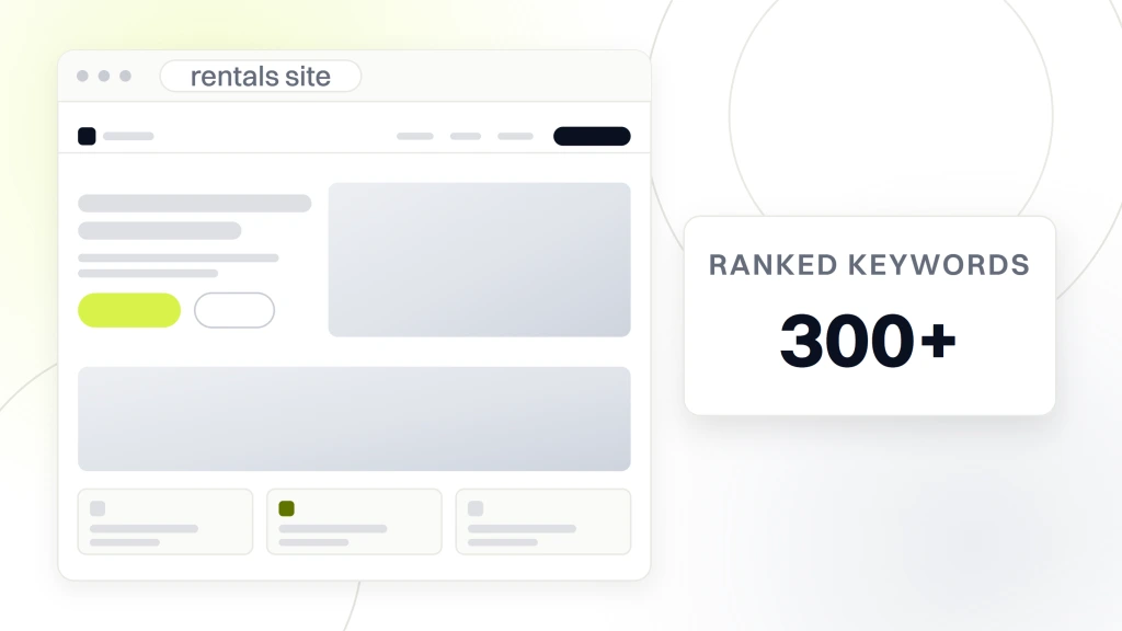 Average cost of real estate website design 2025. A delivered real estate site in browser chrome beside a card reading 300+ ranked keywords.
