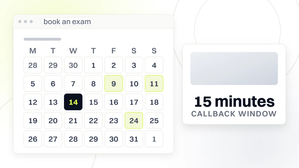 TikTok Marketing for Chiropractors. A booking screen showing a month grid with one date selected, beside a panel reading 15 minutes, callback window.