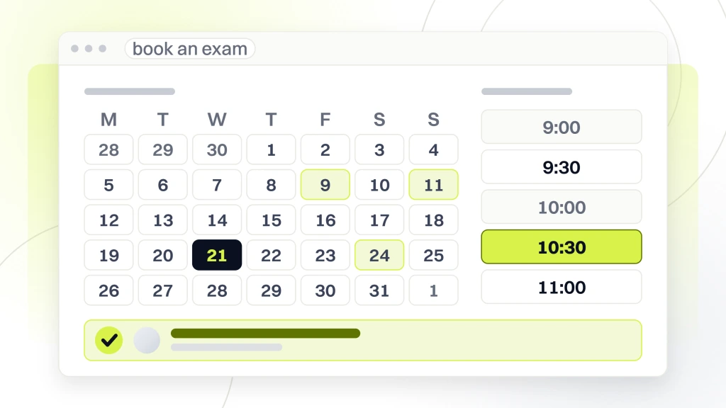 A booking screen with a month grid, a slot column with two times already gone and one taken, and the confirmed appointment it produced, from a guide to TikTok Marketing for Chiropractors.