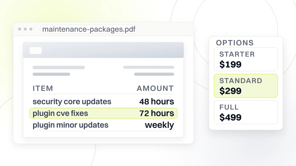 WordPress Website Maintenance Packages. A maintenance packages document listing patch cadences beside an options card holding three fixed tiers, $199, $299 with the middle one selected, and $499.