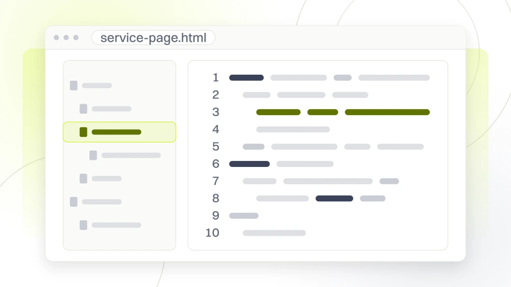 DIY Healthcare SEO. An editor window with a file tree down the left and a pane open on service-page.html, ten lines of token runs with the third highlighted.