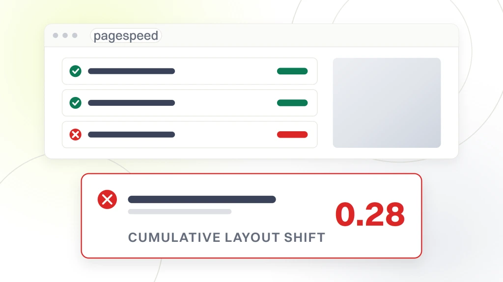 Core Web Vitals Healthcare Websites. A PageSpeed report window with three audited metric rows, two passing and one failing, and the failing metric pulled out below into a red-bordered card that reads 0.28 beside the label cumulative layout shift.