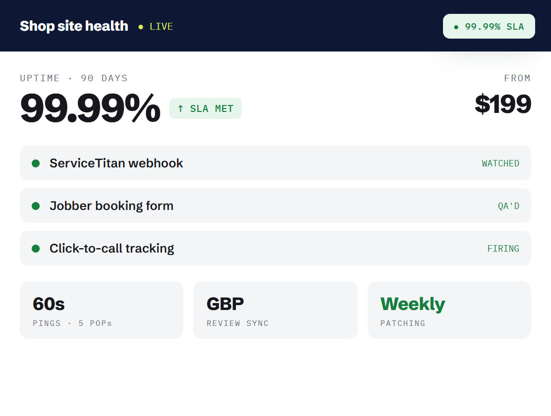 home services website maintenance dashboard tracking booked outcomes and revenue metrics