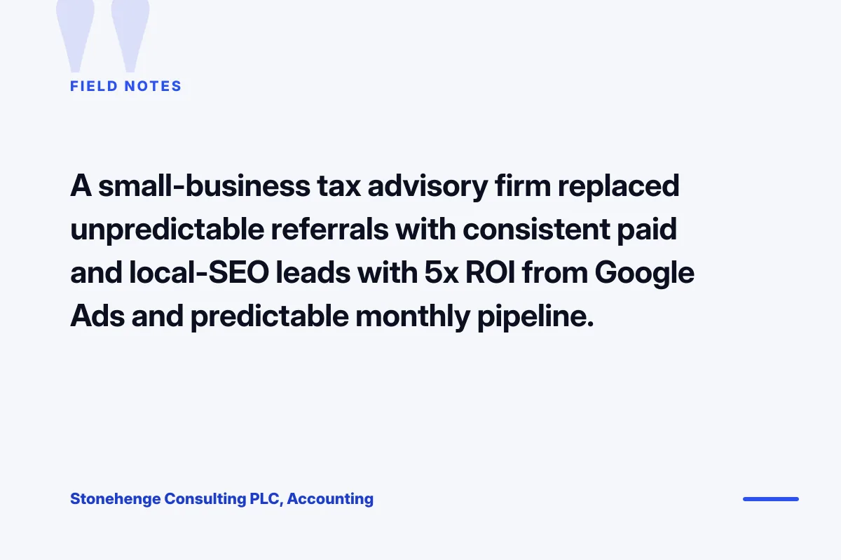 Stonehenge Consulting pull quote on local small business outreach for web design