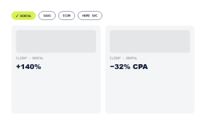 Industry-filtered case studies grid showing wins from your vertical