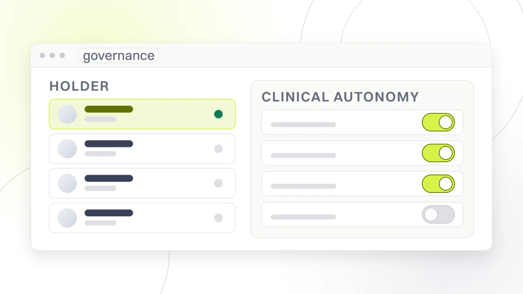 Dental DSO Structure. A settings window listing four holders with their board roles, beside a permissions panel with treatment planning, lab and materials and scheduling flow switched on and capital decisions switched off.