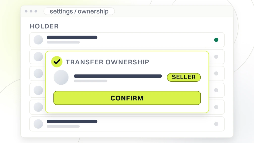 A settings window with a holder table behind it and a transfer ownership dialog in front, carrying a confirm button, from a guide to dental DSO Structure.