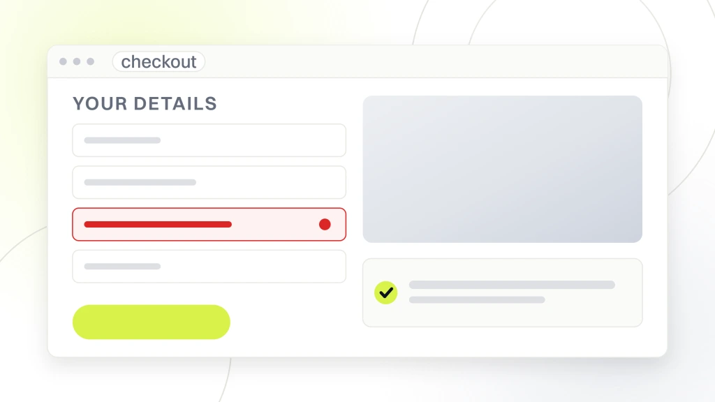 Ecommerce Marketing Strategies. A checkout window showing four form fields with the third one failing, beside a panel reading 1.4% baseline conversion rate.