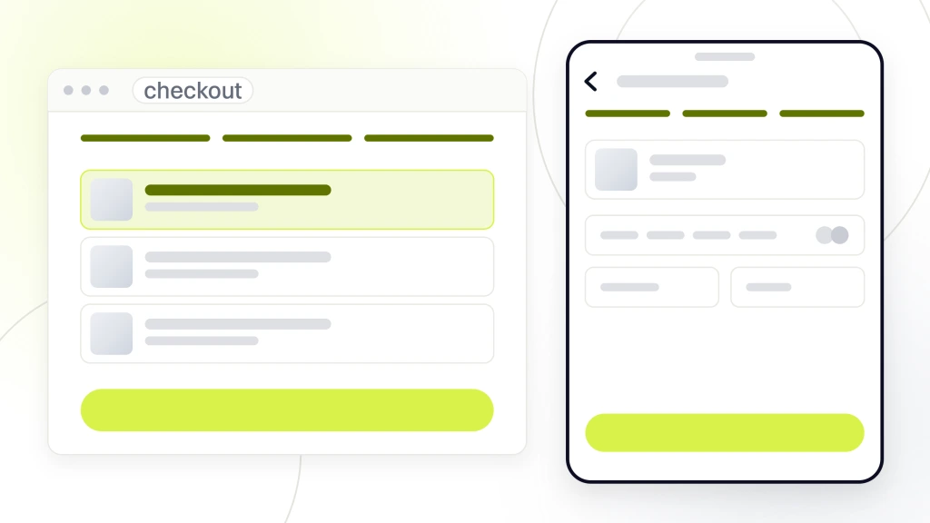 A desktop checkout window with three cart lines and a handset beside it stopped on the confirmation step, from a guide to ecommerce Marketing Strategies.