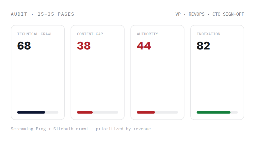 SaaS SEO services deliverable panel visualizing scope of work
