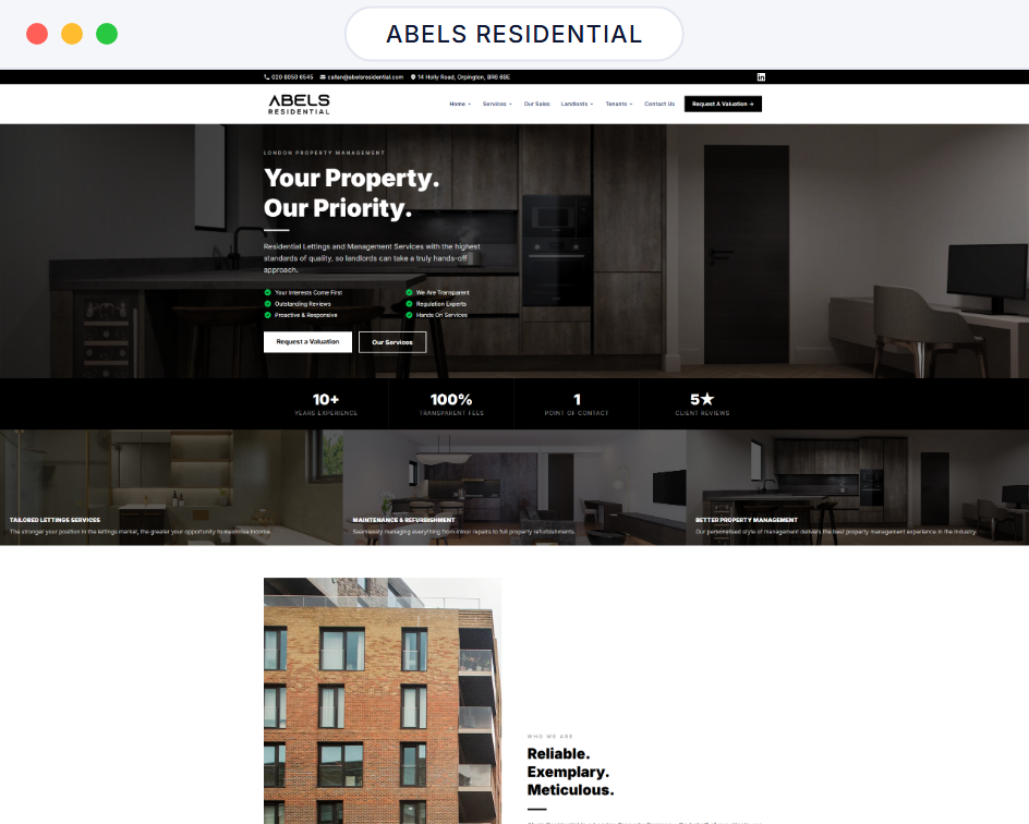 Abels Residential website homepage in a browser window, a property management hero over a modern interior