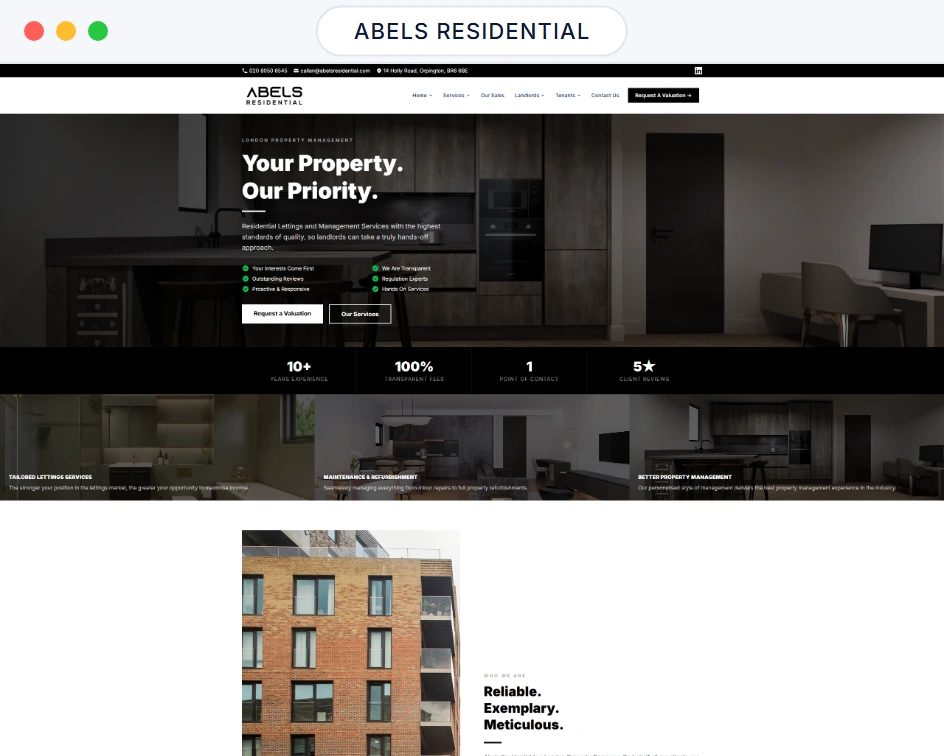 Abels Residential website homepage in a browser window, a property management hero over a modern interior