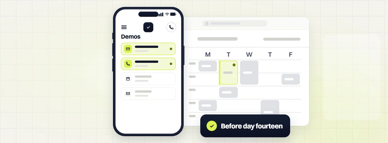 B2B Google Ads services demos list on a phone and a weekly calendar booking before day fourteen