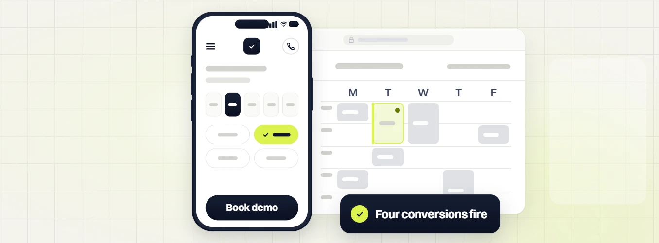 B2B PPC agency book demo screen on a phone beside a weekly calendar, four conversions fire