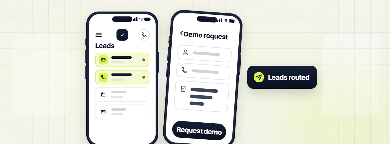 B2B PPC agency phones showing a leads list and a demo request form, with a leads routed label